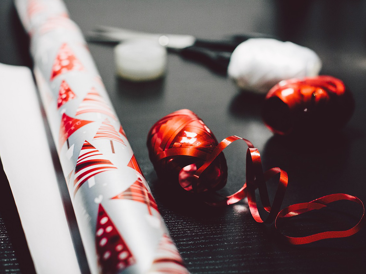 christmas wrapping paper and ribbon
