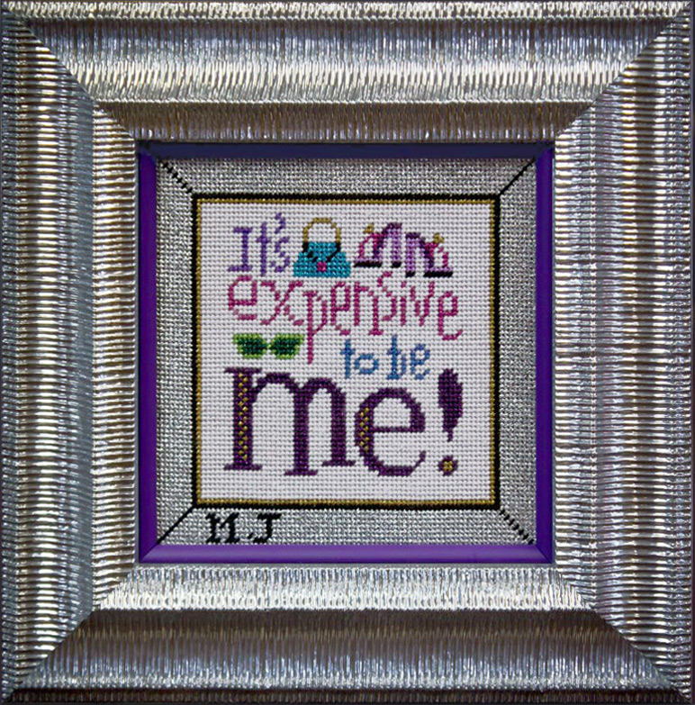 "It's expensive to be me" crossstitch in small metal frame