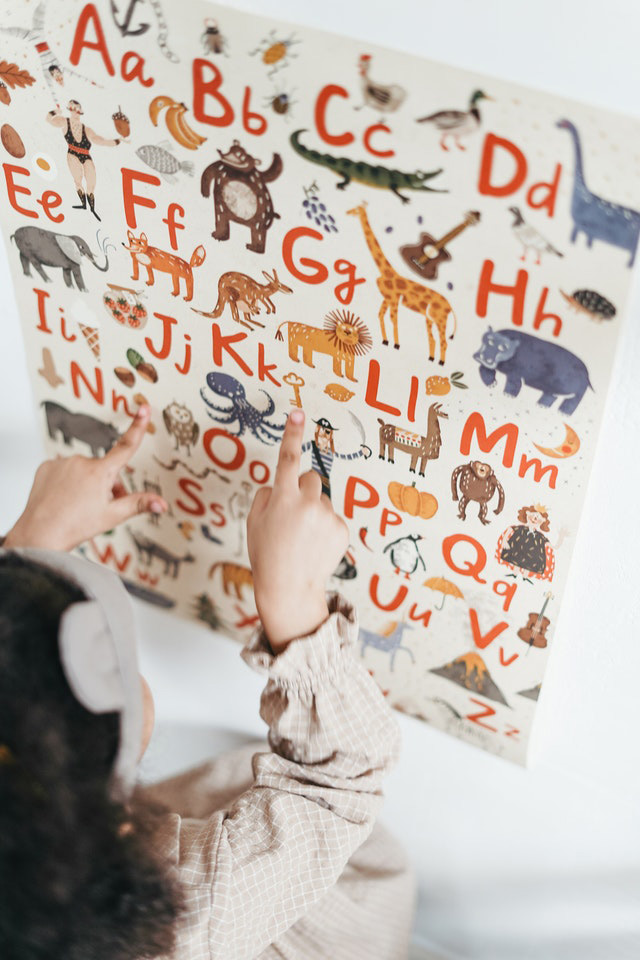 child looking at alphabet print on wall