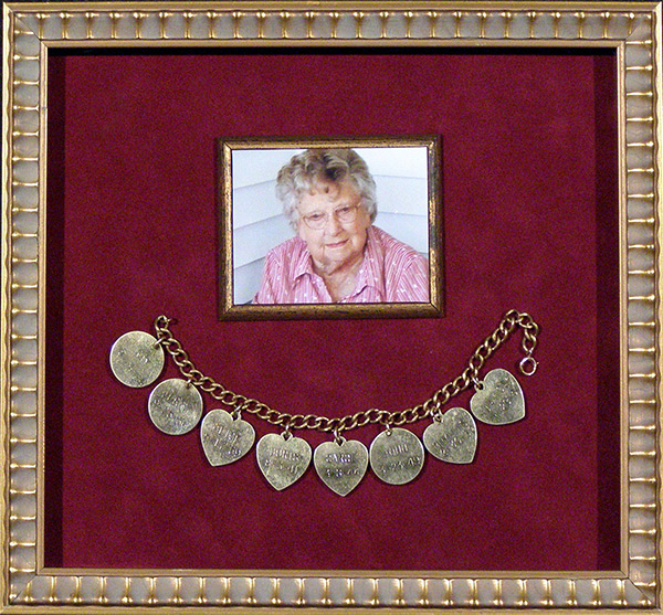 gold frames around photo of mother with bracelet