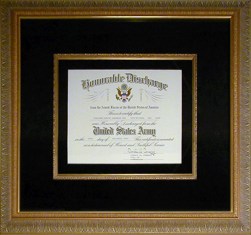 gold frames around army certificate