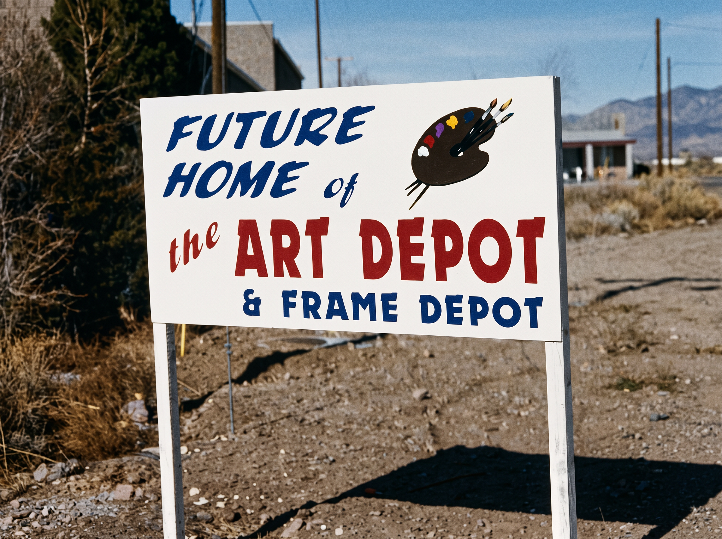 The sign announcing the future location of Art Depot and Frame Depot.