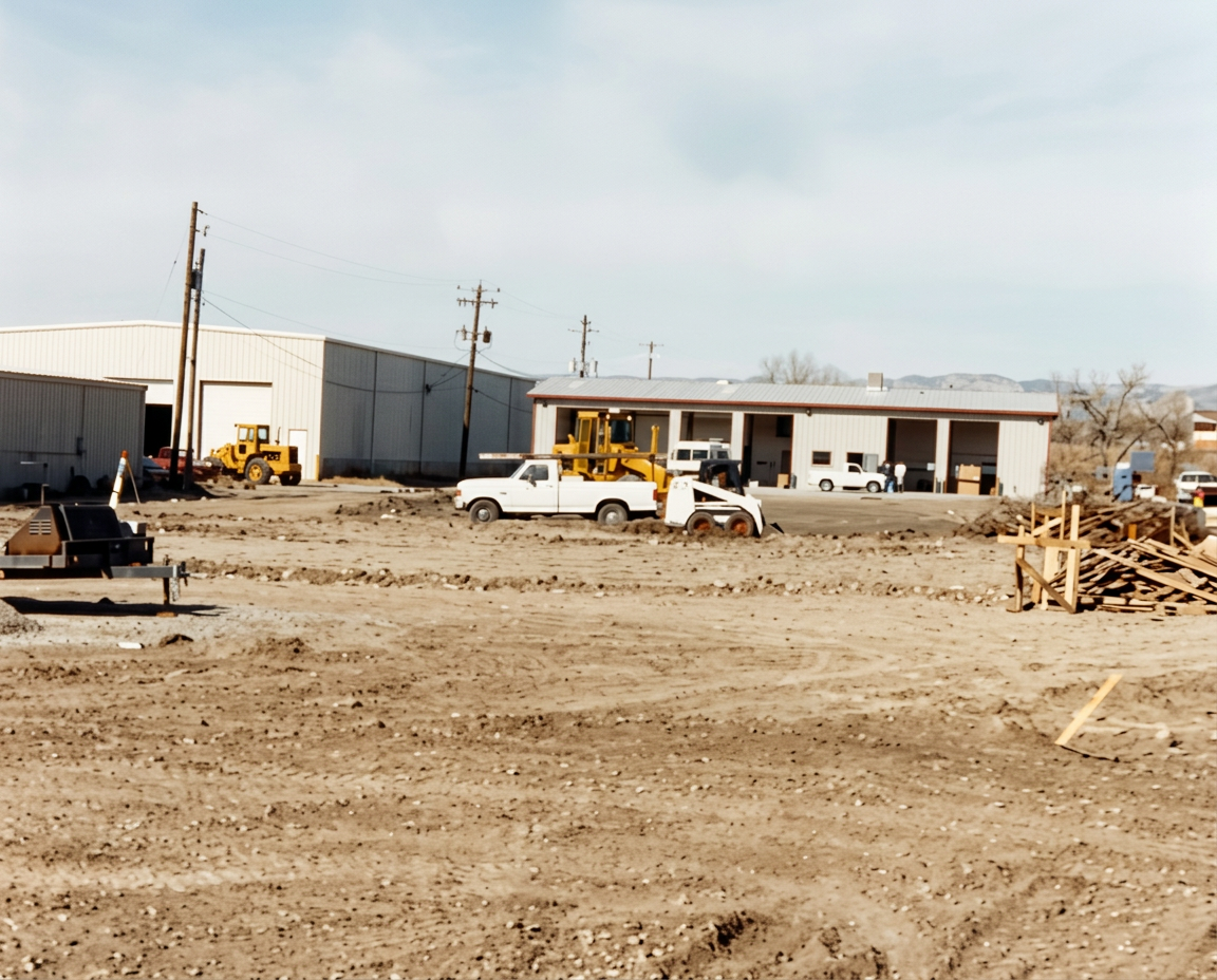 A view of a dirt lot and some distant buildings, showing the spot where the current location would be built